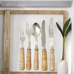 Rattan Natural Bamboo Handle Stainless Steel Flatware Set High Quality Travel Cutlery Spoon <b>Fork</b> with Matte Polish Retro Design - Product Image 3