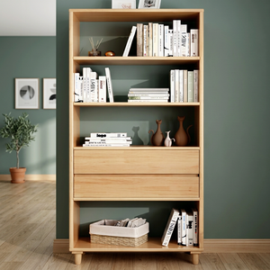 Étagère à livres moderne en bois avec 5 étagères et tiroirs pour le rangement de bureau à domicile, design scandinave, autoportante - Product Image 2