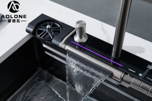 Évier de cuisine noir nano à touches de piano avec affichage LED en cascade de pluie de dragon et robinet extractible à eau propre - Product Image 2