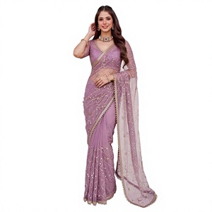 Sari Antra Lifestyle con Borde de Perlas y Lentejuelas Florales en Cuadrícula, 7 Colores - Estilo Bollywood, Absorbe la Humedad, Materiales Reciclados - Product Image 1