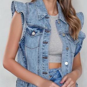 Chaleco de Verano para Mujer, Diseño OEM, Chaqueta sin Mangas a la Moda con Botones y Bolsillos Rectos, Camisa Vaquera - Product Image 4