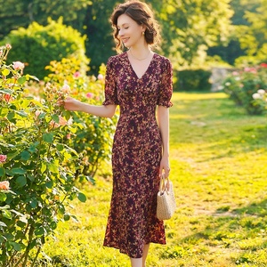 Robe d'été FMY70474 pour femme, coupe amincissante, col en V, respirante, avec fermetures éclair, motif floral, manches courtes, style pause thé à la française, anti-âge - Product Image 1