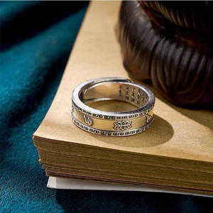 Anillo de plata de ley 999 para hombre y mujer, sortija de Sutra con seis personajes bañados en plata, Estilo Vintage, para parejas, joyería budista - Product Image 3