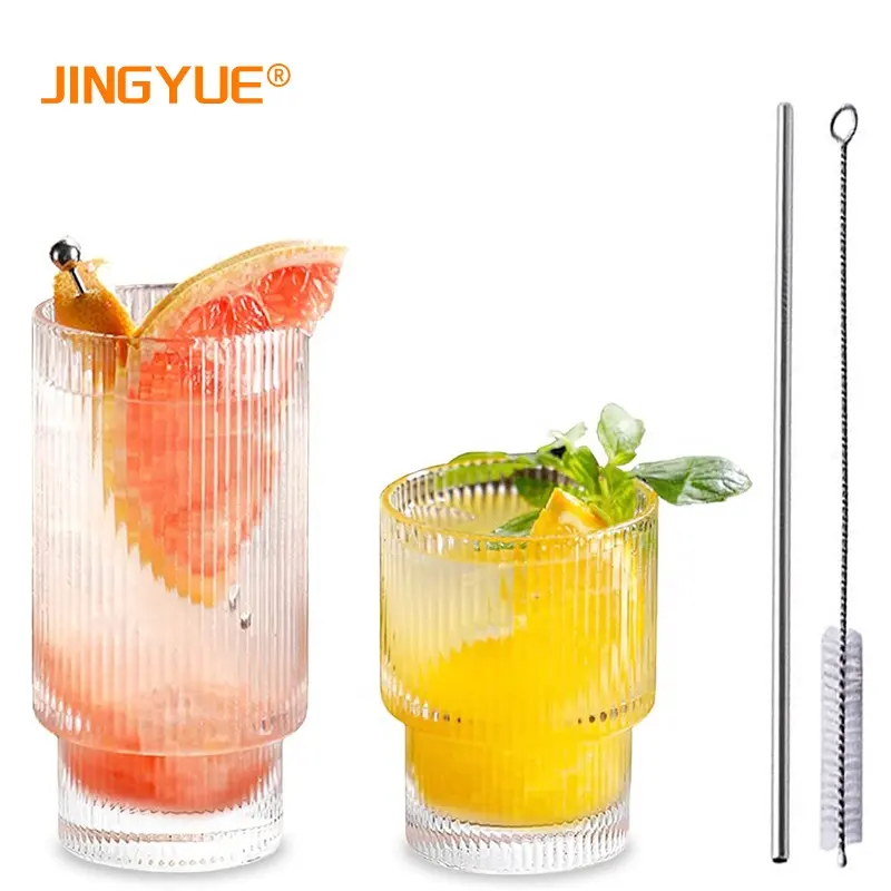 Bar Juice Beer Soda Glass Iced Coffee Cup 390ml Modern Unique Ribbed Highball Drinking Glasses for Wedding