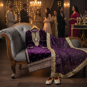 ชุดปาร์ตี้ใหม่ออกแบบผ้ากำมะหยี่วิสคอสดูปัตต้าด้านบนและด้านล่างมีลายปักด้วยงานเย็บปักถักร้อยที่หนักหน่วง - Product Image 3