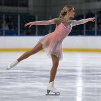 Robe de patinage et de danse dégradé rose et blanc, manches longues en maille, dos orné de strass et de chaînes, pour enfants et adultes, compétition et performance