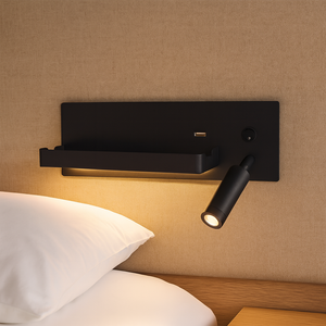 Lampe <span class=keywords><strong>murale</strong></span> <span class=keywords><strong>de</strong></span> chevet LED pour hôtel 85-265V avec tablette <span class=keywords><strong>de</strong></span> charge sans fil, port USB-A, interrupteur à bouton et lampe <span class=keywords><strong>de</strong></span> lecture réglable - Product Image 2