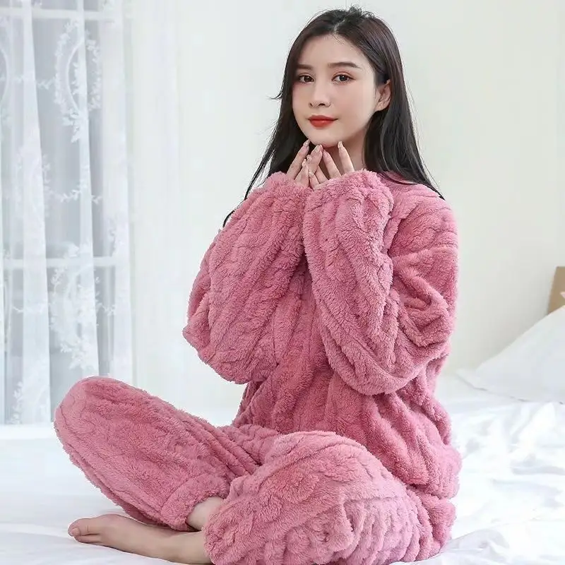 2023 femmes décontracté Offre Spéciale à manches longues col rond polaire pyjamas couleur unie doublé polaire épaissi hiver maison porter deux pièces ensemble