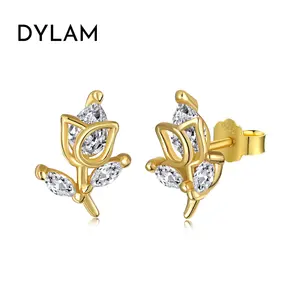 Dylam 14K Gold Plated Rose Flower Ear Studs Earring Dainty Magnolia Flower Earring Leaf Hypoallergenic Earrings for Women