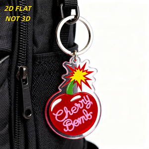 Porte-clés en acrylique mignon, design 'Cherry Bomb' effet explosion de bande dessinée, cerise rouge avec écriture rose et éclat jaune, breloque transparente pour clés et sacs - Product Image 5