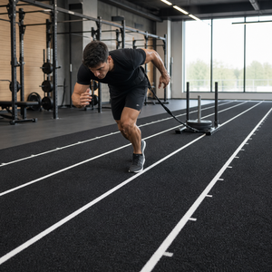 Revêtement de sol sportif en caoutchouc noir antidérapant et absorbant les chocs, tapis de gym avec ligne de départ et numéros marqués - Product Image 4