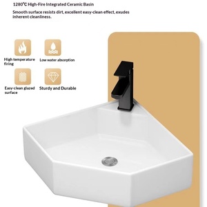 Meuble de salle de bain triangulaire en PVC couleur bois pour petit appartement, avec vasque en céramique intégrée, miroir mural inclus, meuble d'angle - Product Image 4