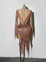 Body de scène sexy pour femme, personnalisé en usine, style Drag Queen, en maille à pampilles, avec découpes soleil et strass or rose