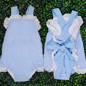 ชุดเด็กผู้หญิงปักลายผ้ากิ๊งแฮมส์สีชมพูคลาสสิกสำหรับฤดูร้อน ชุดรอมเปอร์ลูกไม้ระบายขอบตาข่ายสำหรับเด็กทารก - Product Image 4