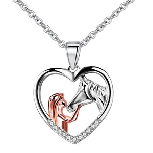 Neue heiße Großhandel klassische Silber zweifarbige Liebe Herz Pferd Mädchen Anhänger Halskette für Geschenk