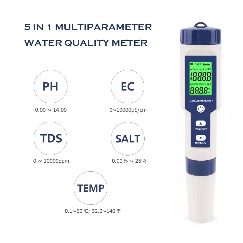 5 في 1 محمول نوع القلم درجة حرارة الملح ph ec و tds ppm متر لاختبار جودة المياه