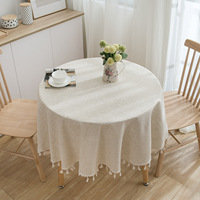 Nappe ronde en polyester et lin de couleur unie avec pompons, élégante pour la maison, la salle à manger, les événements, vente directe d'usine