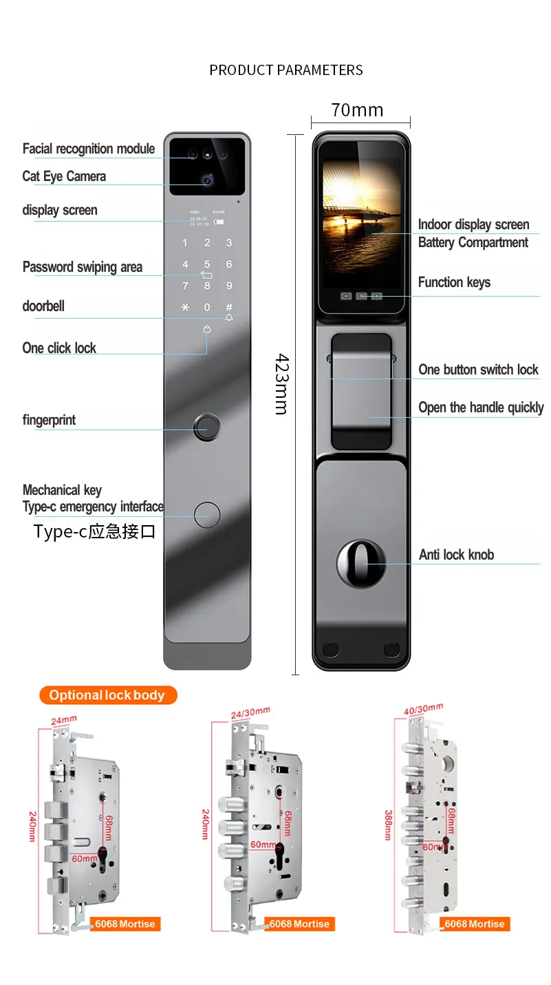 TUYA APP Digital Fingerprint Tuya Smart Door Lock Face Recognition Lock with Camera Electric Digital Biometric Door Smart Lock