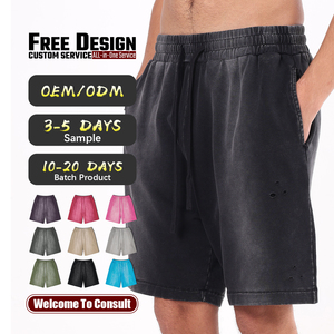 Pantalones Cortos Vintage para Hombre, Lavado Ácido, Transpirables, de Algodón, con Efecto Desgastado por el Sol, Borde Crudo, Estampado Puff, Cintura Media, Estilo Casual - Product Image 1