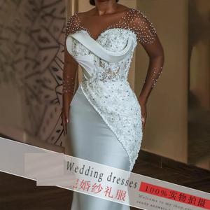 Özel Mermaid düğün elbisesi ince uzun kollu inciler dekore dantel-up gelinlikler - Product Image 2