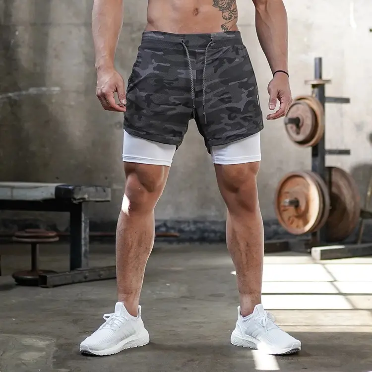 Wholesale Camo/solid 2in1 Running Shorts Men Double-deck Quick Dry Gym Training Sport short pants