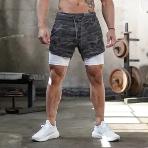 Pantalones cortos de camuflaje/sólido 2 en 1 para hombre, Shorts deportivos de doble cubierta de secado rápido para entrenamiento de gimnasio
