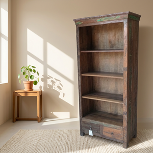 Rustic Vintage Look Wooden <b>Open</b> Bookcase <b>Bookshelf</b> with 2 Drawer and 4 Shelf For Living Room Hotel Farmhouse Indian Furniture - Product Image 1