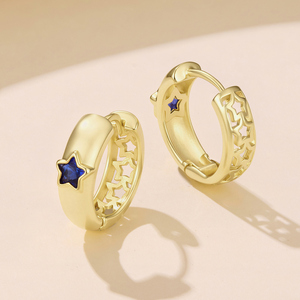Gold Plated <b>Huggie</b> <b>Earrings</b> With Blue Star Zircon Bezel Setting For Women Cute Fashion Jewelry Gift - Product Image 4