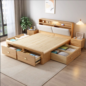 Modern Solid Wood King/<strong>Queen</strong> <strong>Size</strong> <strong>Bed</strong> <strong>Frame</strong> with Hydraulic Lift &amp; Drawers Wooden Storage <strong>Bed</strong> for Bedroom Furniture - Product Image 1