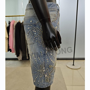 Custom Summer Rhinestone Jeans Shorts Y2K Algodón Streetwear Sun Faded Washed Denim Pantalones cortos Fabricantes Baggy Jorts - Product Image 3