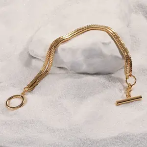 Vintage Double Layered Snake Chain Bracelet Bar Circle OT Toggle Clasp 18K Gold Plated Bracelet Women Plain Minimalist Jewelry