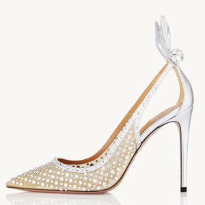 Sandales à talons hauts pour femmes, ornées de diamants, à bout pointu, en maille, avec nœud arrière, chaussures de mariage, escarpins à découpes latérales en dentelle, talon aiguille - Product Image 1