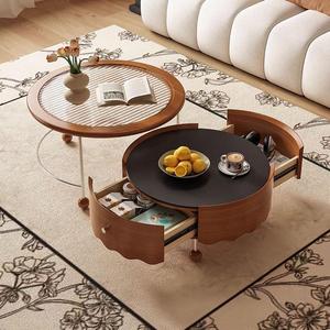 French Retro Solid Wood Double Layer Coffee <b>Table</b> <b>Round</b> Extendable With Storage For <b>Small</b> Living Room - Product Image 1