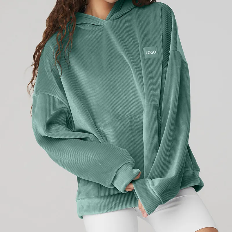 Sudadera con capucha de terciopelo acanalado para mujer, ropa para Parte Superior Femenina, con bolsillo canguro, de gran tamaño