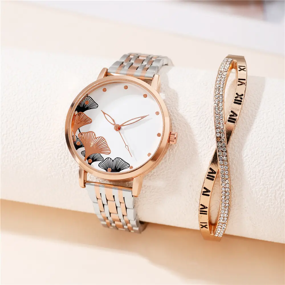 Nw1306 2Pcs Eenvoud Petal Ontwerp Armband Vrouwen Horloges Sieraden Verfijnd En Stijlvol Dames Horloge