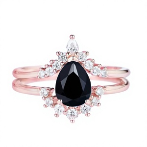 Women's Rose Gold Plated Pear Cut <b>Black</b> Diamond Natural Stone 925 Silver Engagement <b>Ring</b> with Pave Setting Romantic Style - Product Image 1
