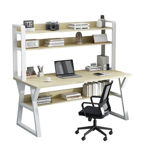 Bureau d'ordinateur moderne en bois blanc et noir assemblé avec 2 étages et étagères pour la maison, la chambre à coucher, le bureau - Product Image 4