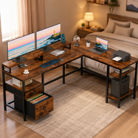 Bureau d'ordinateur en forme de L de 66 pouces, design réversible, tiroir à dossiers, support pour 2 moniteurs, étagères de rangement, table d'ordinateur d'angle