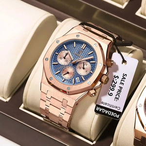 <span class=keywords><strong>Reloj</strong></span> de Cuarzo Cronógrafo POEDAGAR 926 para Hombre, 42 mm, Esfera Azul Cuadriculada, Correa de Acero Inoxidable en Oro Rosa, Resistente al Agua 30 m, Fecha, Deportivo - Product Image 1