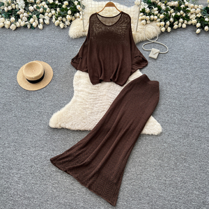 Set Rajut Elegan Musim Panas Dua Potong untuk Wanita, Longgar Kasual untuk Kerja, Model Berongga, Slim Fit, Pakaian Minimalis - Product Image 3