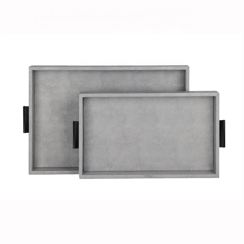 High End Faux Shagreen Tray Wholesale Sliver Gray Shagreen Faux Leather Tray Set of 2 with Black Accessory