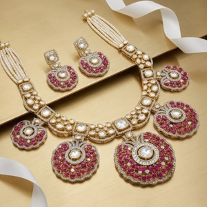 Premium 925 Silver Pink <b>Ruby</b> <b>Necklace</b> Set Luxury Bridal Jewelry Designer Ethnic Pearl <b>Necklace</b> with Earrings for Women - Product Image 4