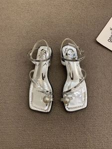 2026 Summer New French Style Pearl Decor <b>Open</b> <b>Toe</b> Sandals <b>Silver</b> square <b>Toe</b> Block <b>Heel</b> Roman Shoes Women - Product Image 5