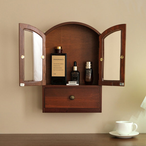 Armoire <span class=keywords><strong>murale</strong></span> cintrée marron foncé, meuble de rangement en bois avec portes vitrées et tiroir pour salon et entrée - Product Image 6