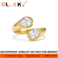 Bague ouverte LUCKYJIU personnalisée en acier inoxydable plaqué or 18 carats, étanche, sertie de deux perles de zircon cubique, pour femme