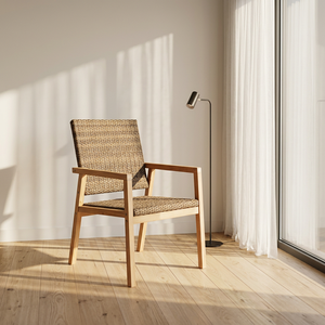 Chaise de jardin scandinave minimaliste en rotin avec structure en bois et pieds coniques, mobilier d'extérieur durable pour salon et salle à manger - Product Image 4