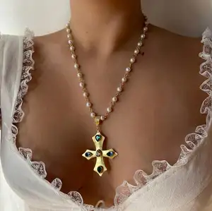 Jesus Cross Pearl Bead Necklace Vintage Zircon Cross Necklace 18K Gold Tarnish Free Religious Rosary Bead Pearl Cross Necklace
