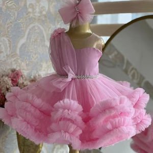 Princess Pink One Shoulder Performance Couture Ruffled Tulle <strong>Tutu</strong> Skirt Pearl Belt Decoration Birthday Party <strong>Dress</strong> for Girls - Product Image 1