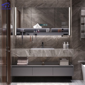 Black minimalist luxury smart mirror cabinet with hanging cabinet body white washbasin and marble countertop - Product Image 1
