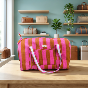 Bolsas de Viaje Hechas a Mano en India, Acolchadas, de Algodón, con Estampado Digital Informal, Rayas Rosa Polvo, Cierre de Cremallera, Gran Capacidad - Product Image 2